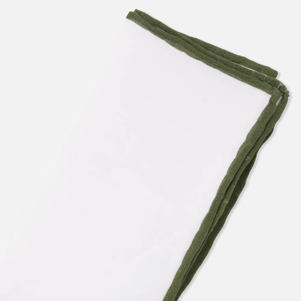 The Tie Bar White Linen With Rolled Border Olive Pocket Square