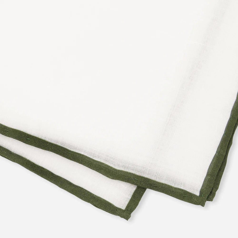 The Tie Bar White Linen With Rolled Border Olive Pocket Square