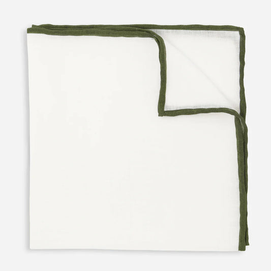 The Tie Bar White Linen With Rolled Border Olive Pocket Square